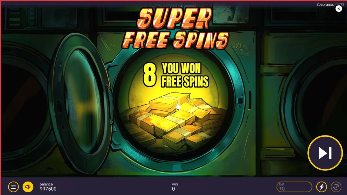 The Soapranos slot machine interface featuring mafia and laundry theme
