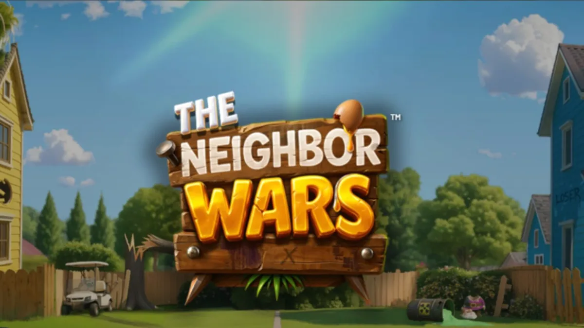 Interface de jogo móvel do slot The Neighbor Wars com elementos de design suburbano