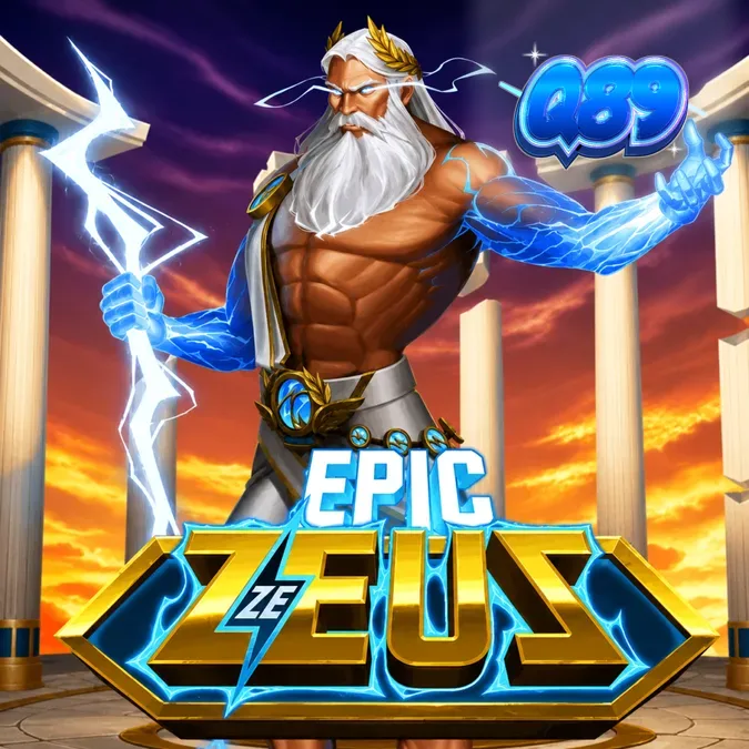 Interface do jogo de slot Epic Ze Zeus com grade de 6x5 e elementos mitológicos.